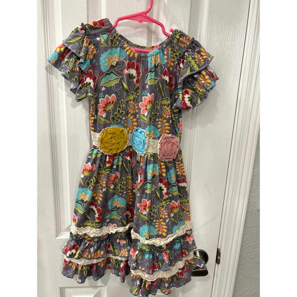 Lulu Lulu Dress Gray Floral 3D‎ Rosette Flutter Sleeve Lace Ruffle Boho Bin A